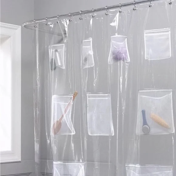 Bathroom Waterproof PEVA Clear Shower Curtain With Mesh Pockets - Picture 2 of 10
